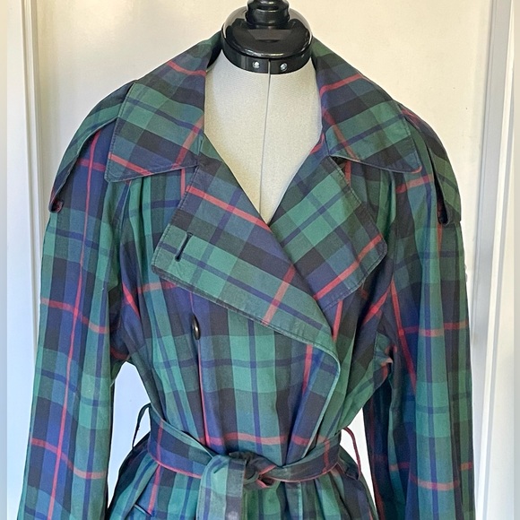 Vintage 80s? Plaid Belted Trench Coat, full shoulders, blue/green/red, sz12 - Picture 3 of 12
